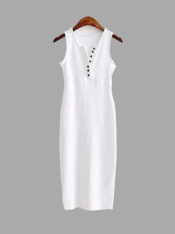 White V-Neck Sleeveless Slit Hem Sexy Dress