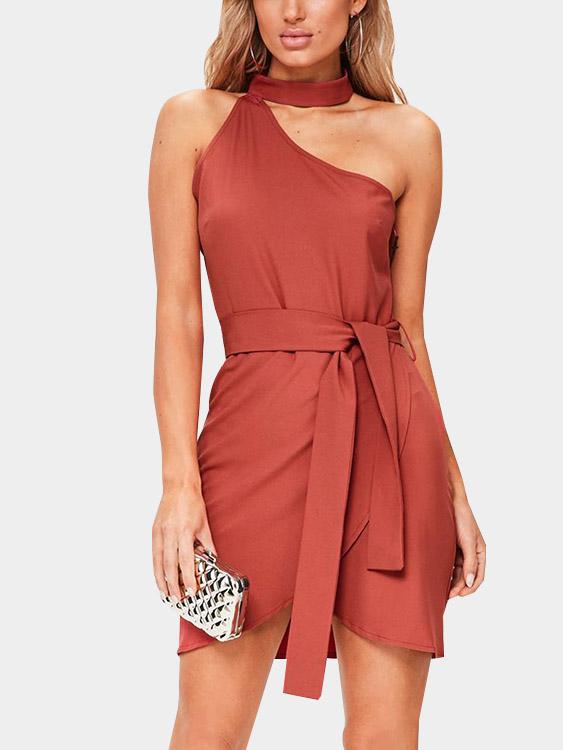 Crimson One Shoulder Sleeveless Irregular Hem Sexy Dress