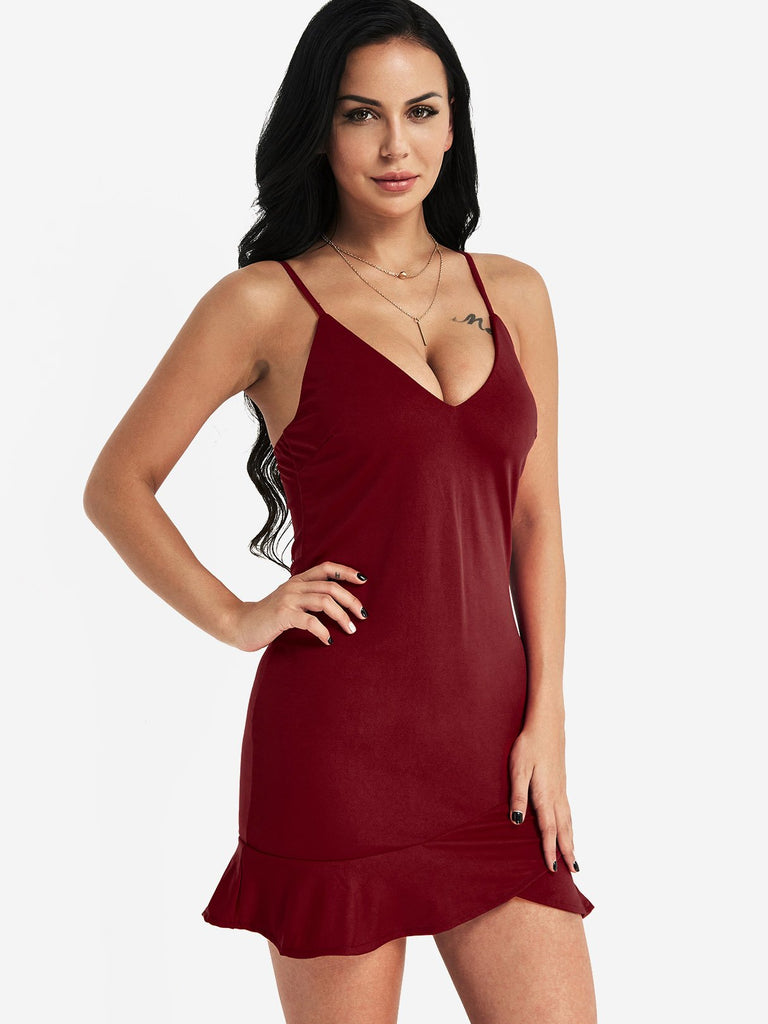 V-Neck Plain Spaghetti Strap Sleeveless Ruffle Hem Burgundy Dresses