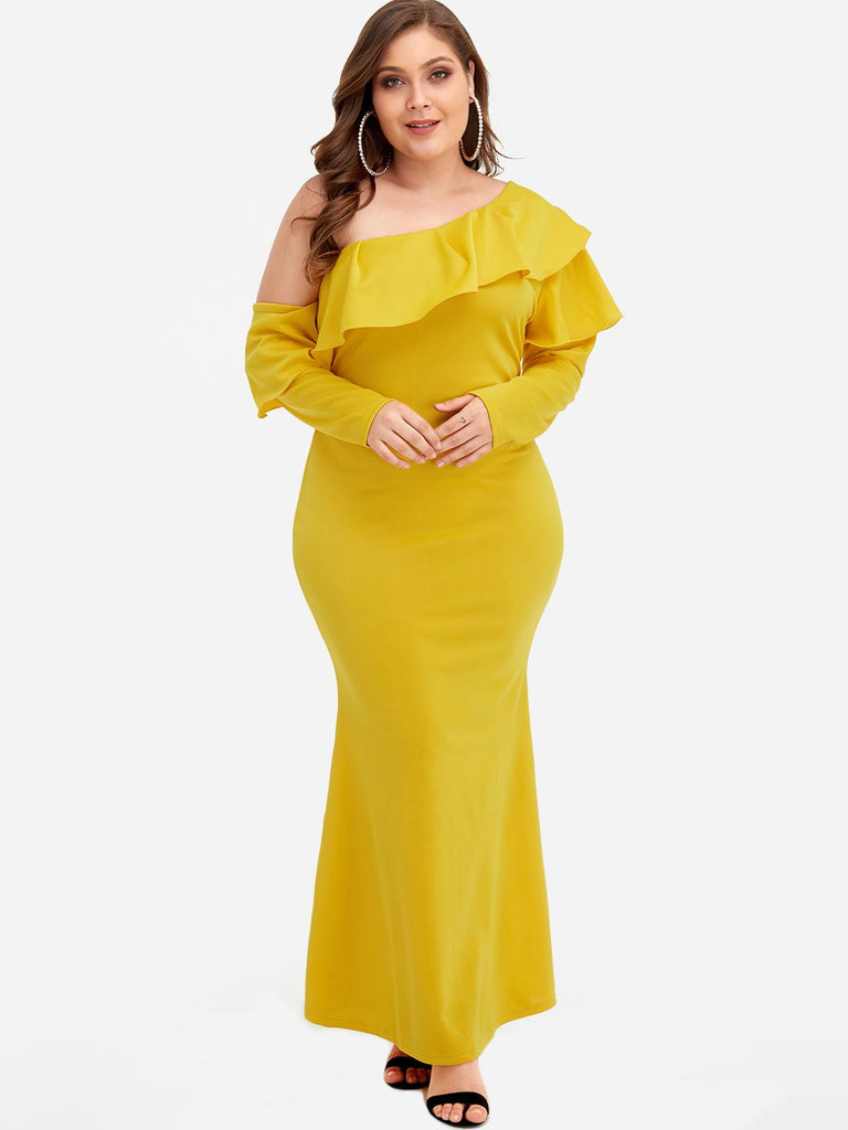 One Shoulder Plain Tiered Long Sleeve Yellow Plus Size Maxi Dresses