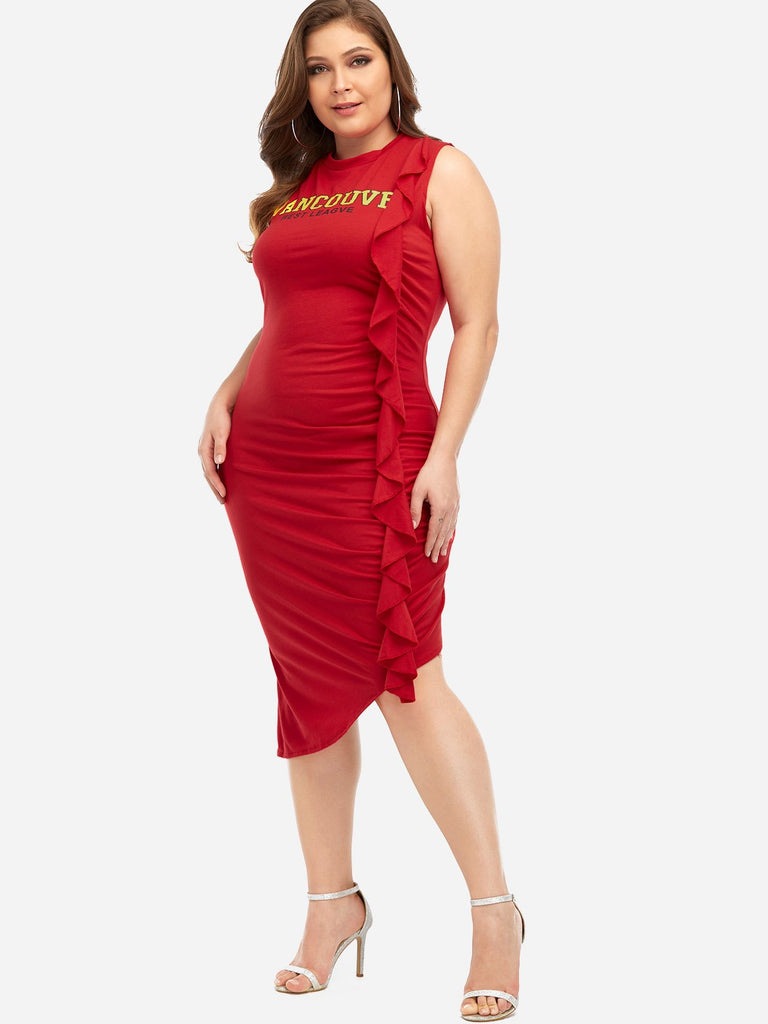 Round Neck Letter Pleated Sleeveless Irregular Hem Red Plus Size Dress