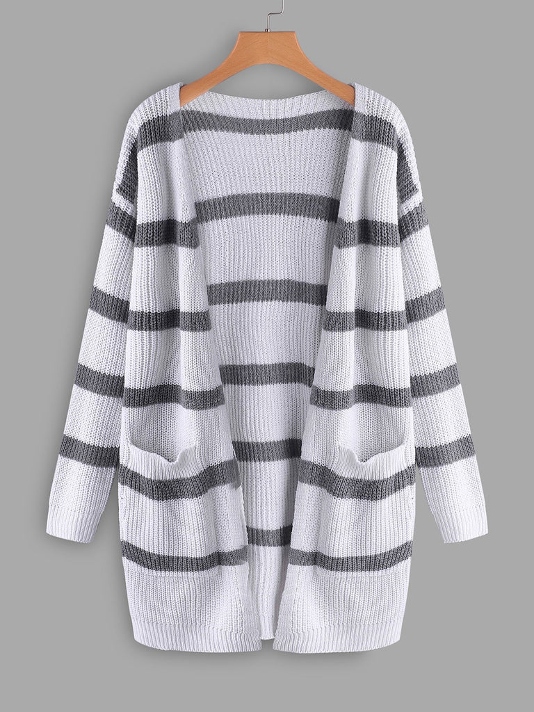 Stripe Long Sleeve White Plus Size Tops