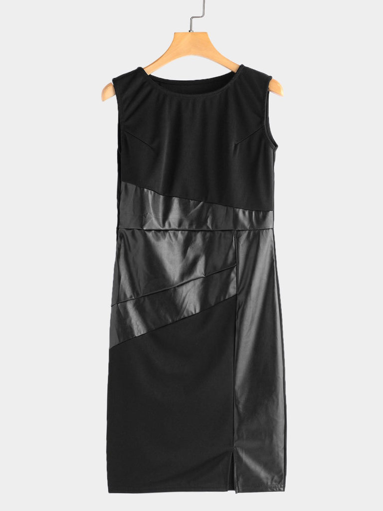 Round Neck Sleeveless Slit Hem Black Midi Dress