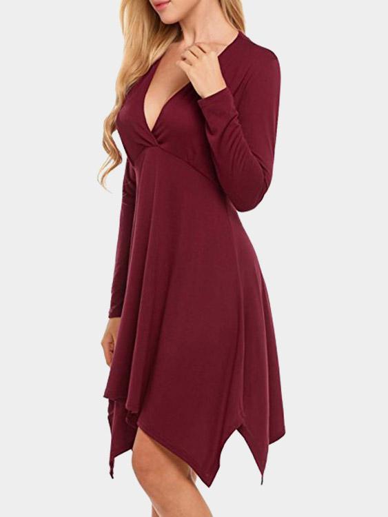 Ladies Burgundy V-Neck Dresses