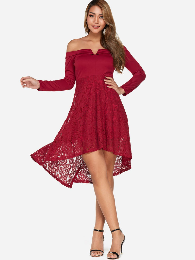 Red Off The Shoulder Long Sleeve Lace Irregular Hem Dresses