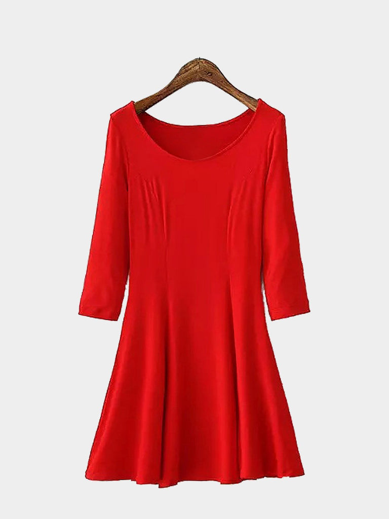 Round Neck Plain Long Sleeve Ruffle Hem Red Mini Dress