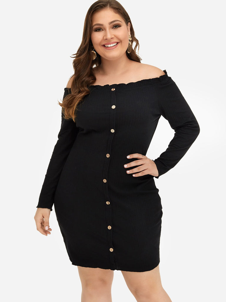 Off The Shoulder Plain Long Sleeve Bodycon Black Plus Size Dress