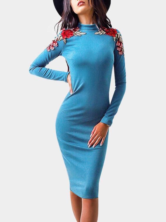 Blue Crew Neck Long Sleeve Embroidered Bodycon Hem Casual Dresses