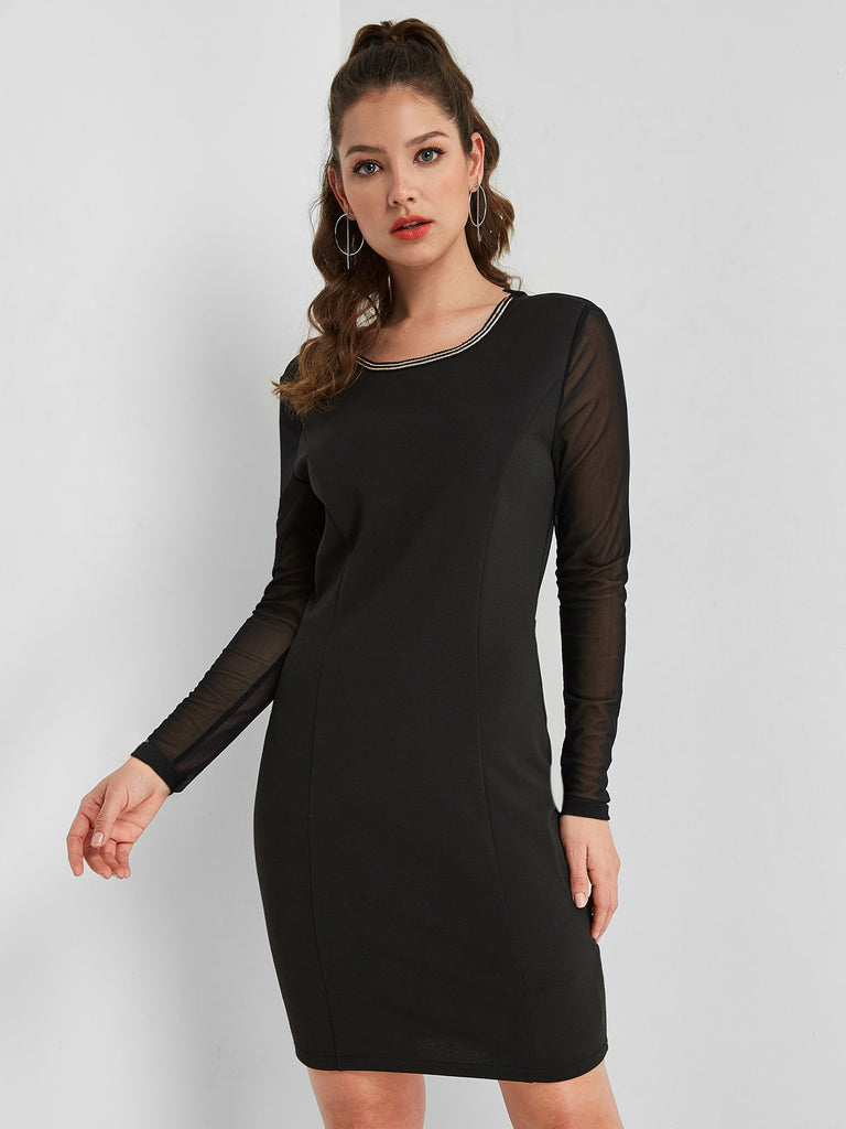 Black Scoop Neck Long Sleeve Plain Casual Dresses