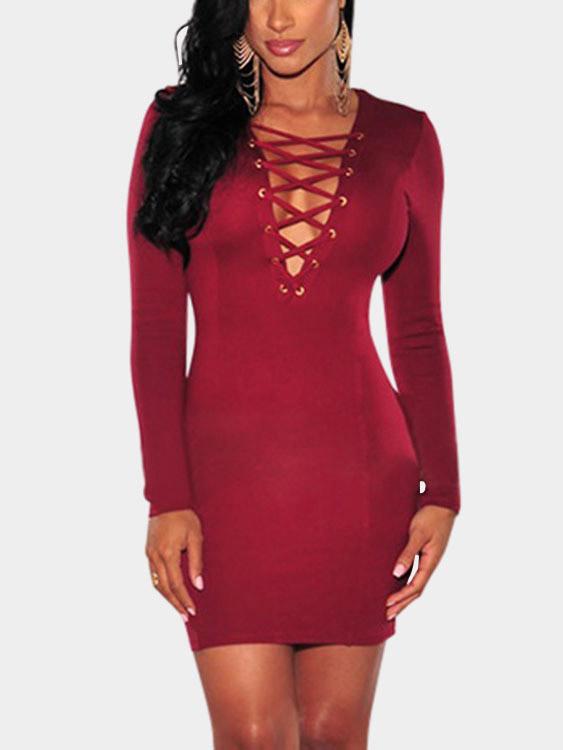 Red V-Neck Long Sleeve Plain Bodycon Sexy Dress