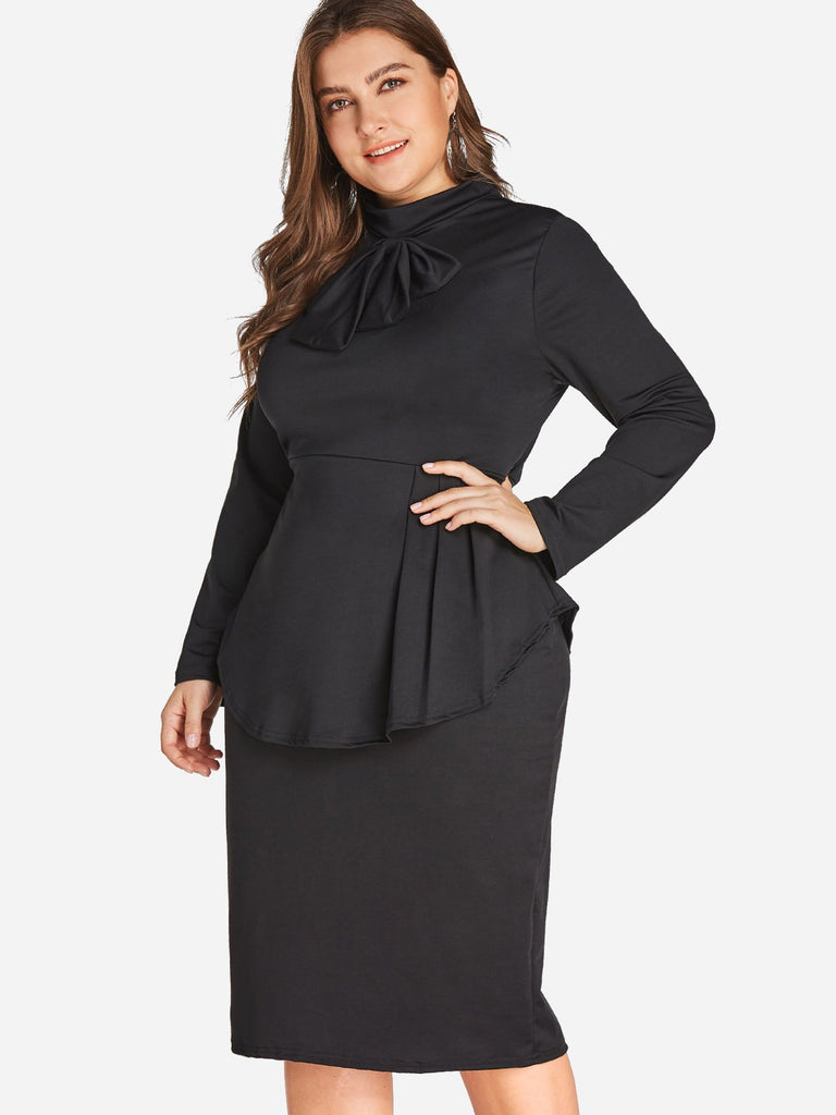 Plain Tiered Long Sleeve Bodycon Hem Black Plus Size Dress