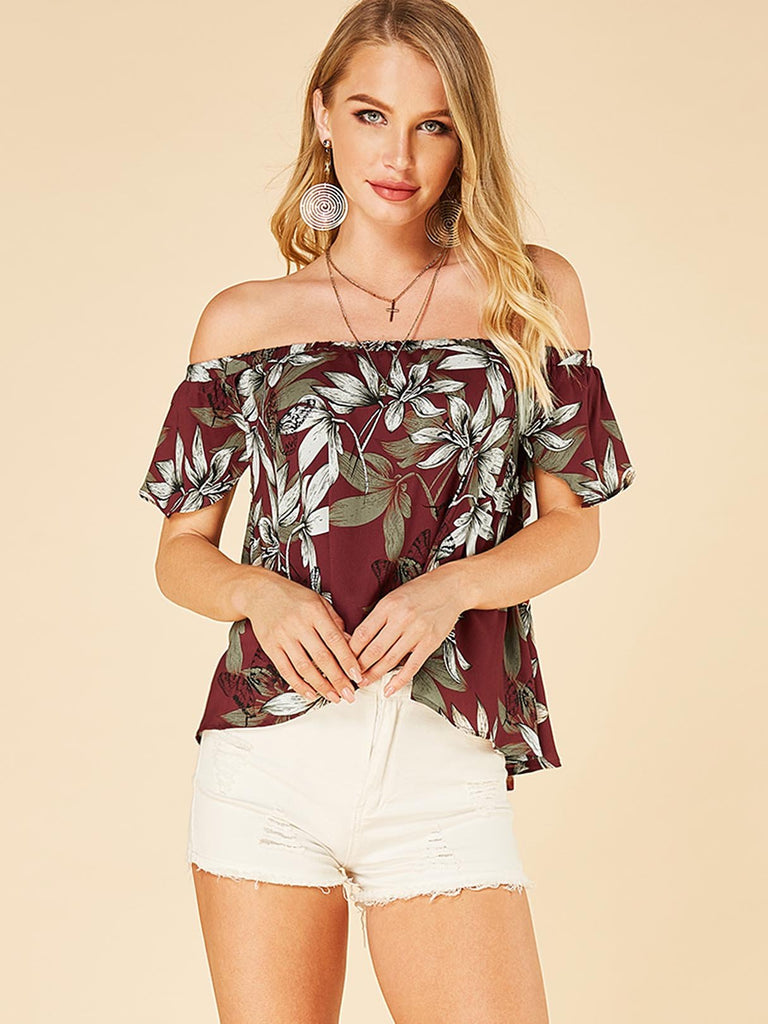 Off The Shoulder Floral Print Ruffle Trim Short Sleeve Red Blouses