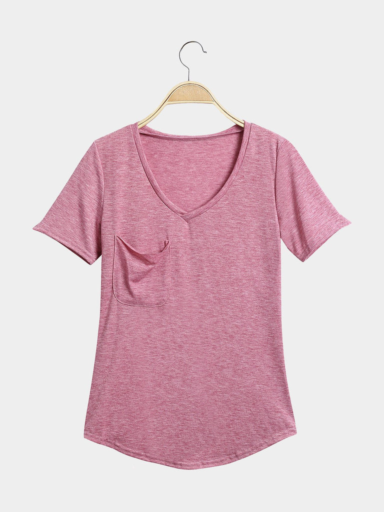 V-Neck Pink Casual Style Front Pocket T-Shirts