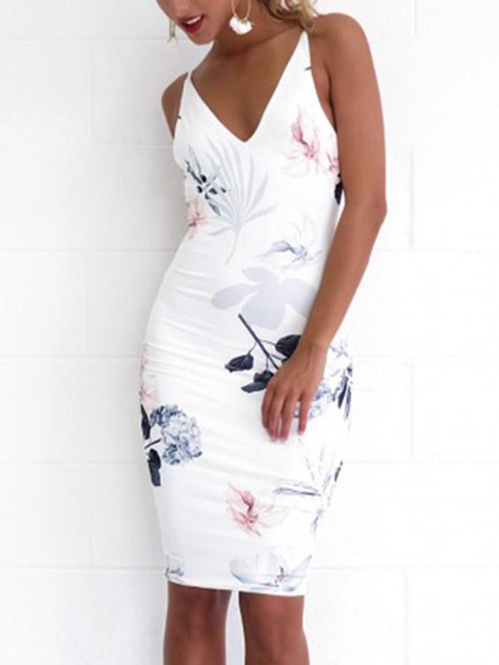White V-Neck Sleeveless Floral Print Backless Adjustable Shoulder Straps Dresses