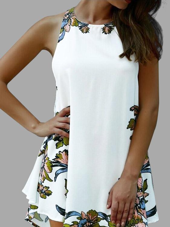 White Crew Neck Sleeveless Floral Print Lace-Up Cut Out Irregular Hem Dresses