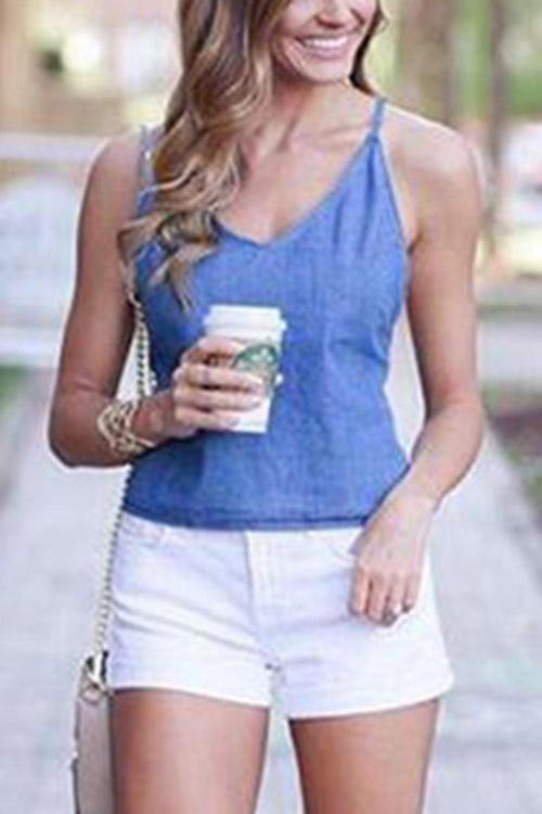 V-Neck Backless Lace-Up Sleeveless Blue Camis