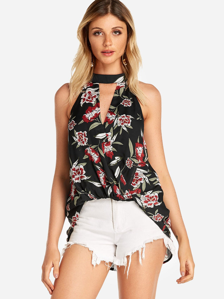 V-Neck Floral Print Crossed Front Self-Tie Sleeveless Black Camis