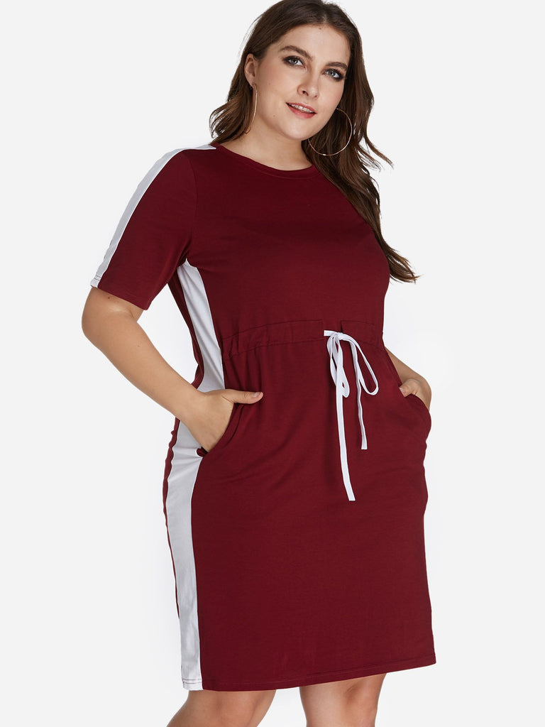 Round Neck Stripe Side Pockets Short Sleeve Burgundy Plus Size Dresses