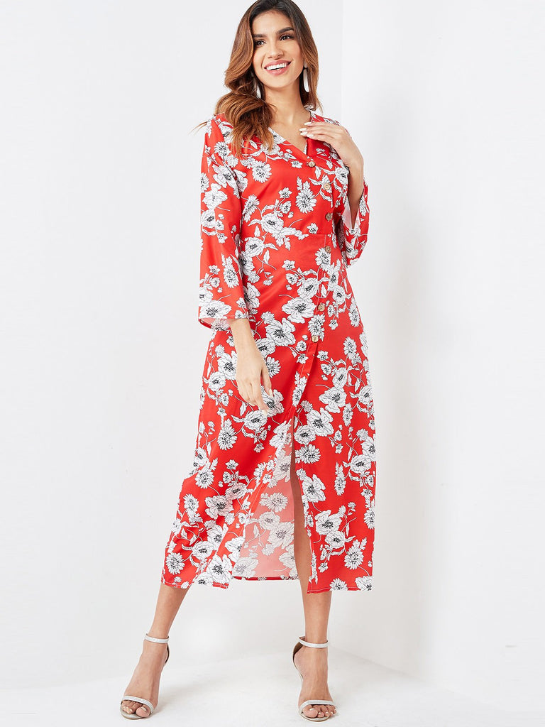 V-Neck Long Sleeve Floral Print Slit Hem Dresses