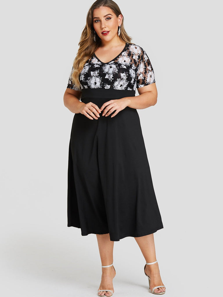 V-Neck Floral Print Lace Short Sleeve Plus Size Dress