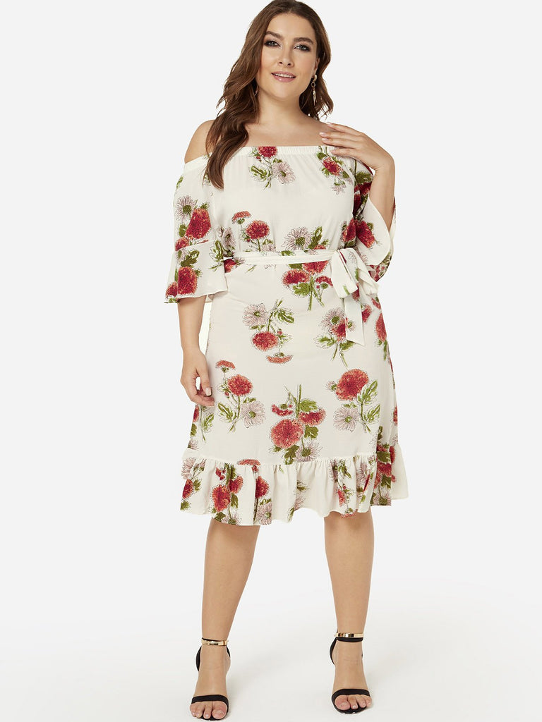 Off The Shoulder Floral Print Half Sleeve Flounced Hem Plus Size Dresses