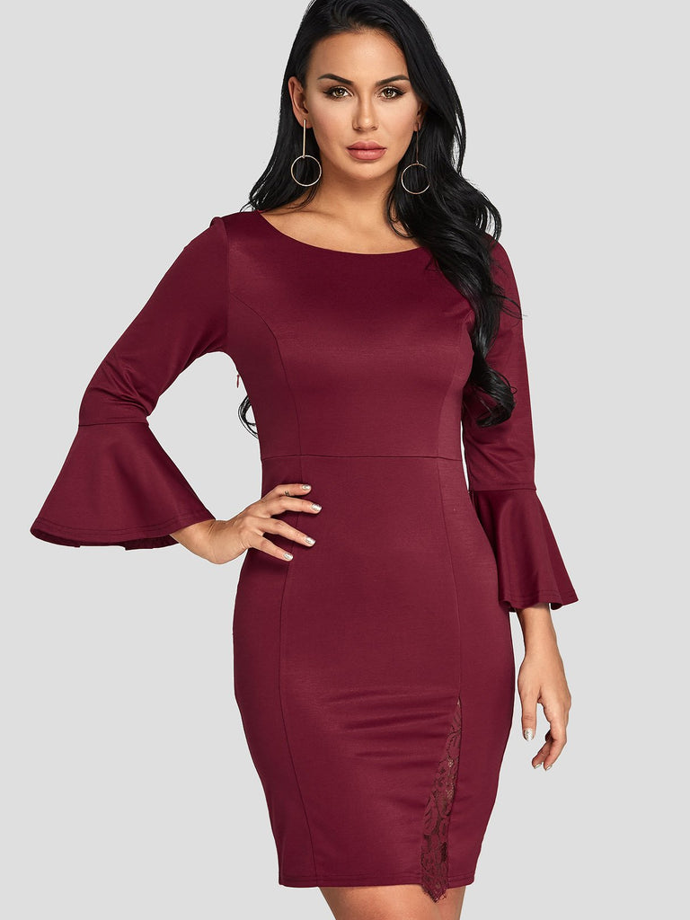 Burgundy Round Neck 3/4 Sleeve Length Plain Crochet Lace Embellished Hollow See Through Slit Hem Sexy Dresses