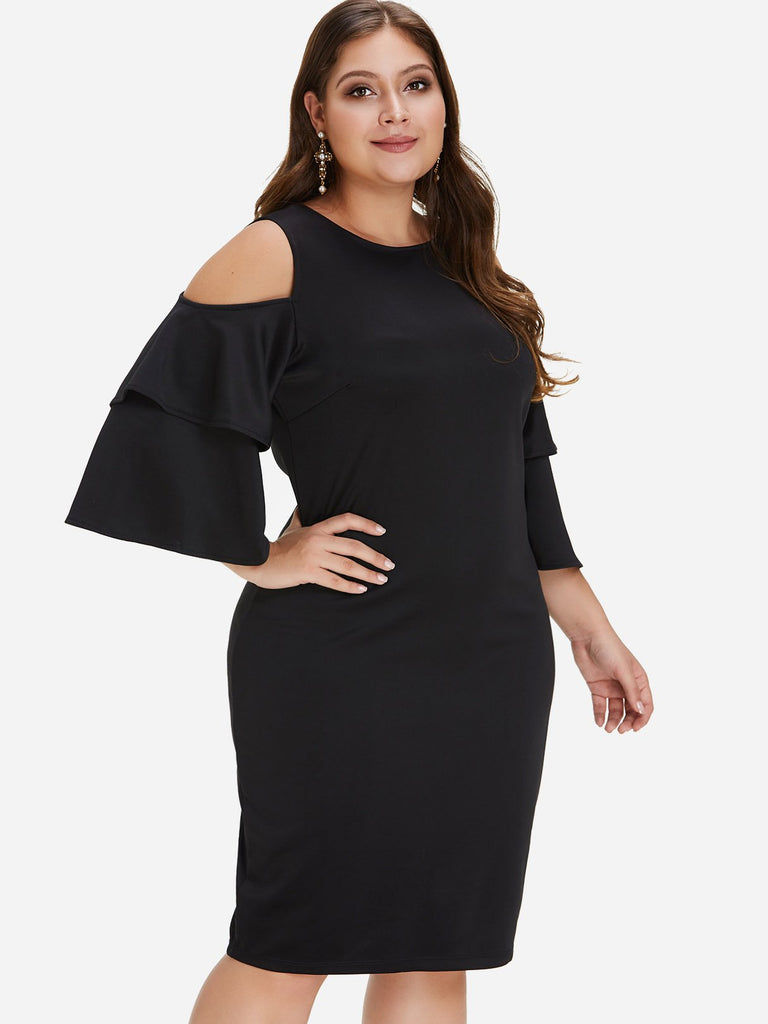 Round Neck Cold Shoulder Plain Tiered 3/4 Sleeve Black Plus Size Dress