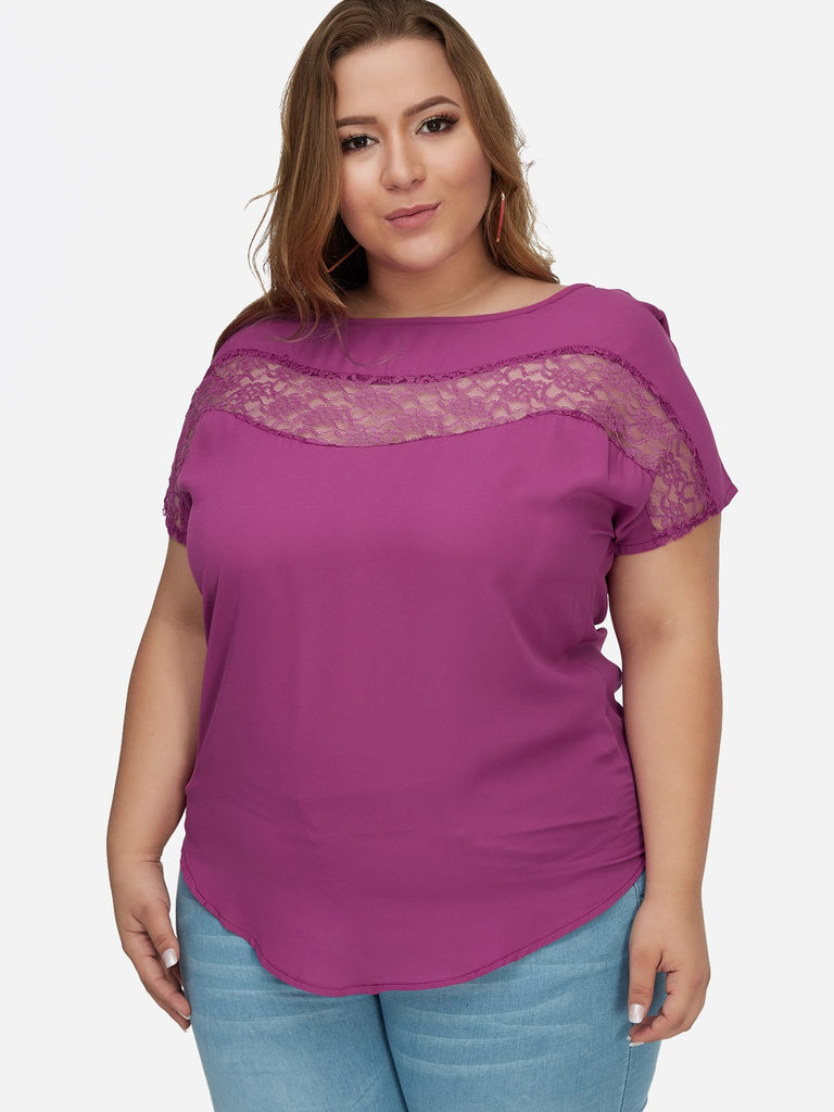 Round Neck Plain Lace Hollow Short Sleeve Rose Plus Size Tops