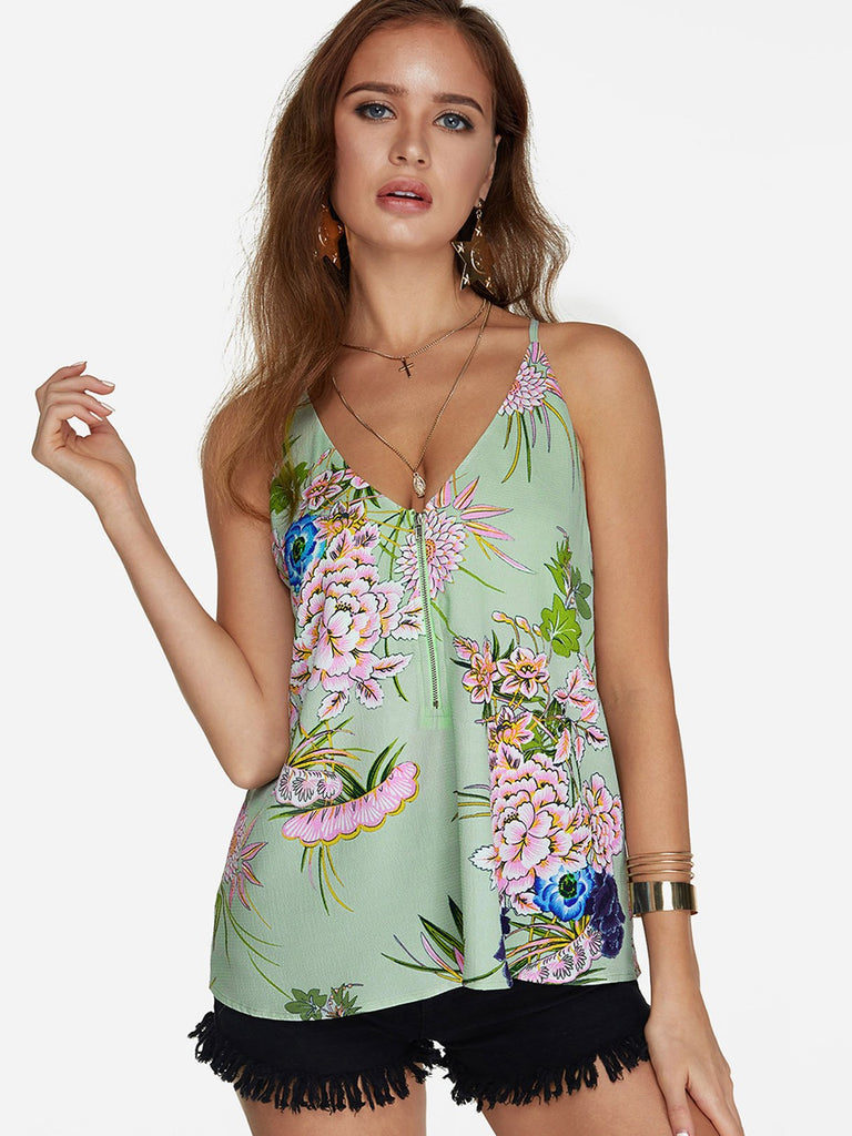 V-Neck Floral Print Zip Back Sleeveless Green Camis