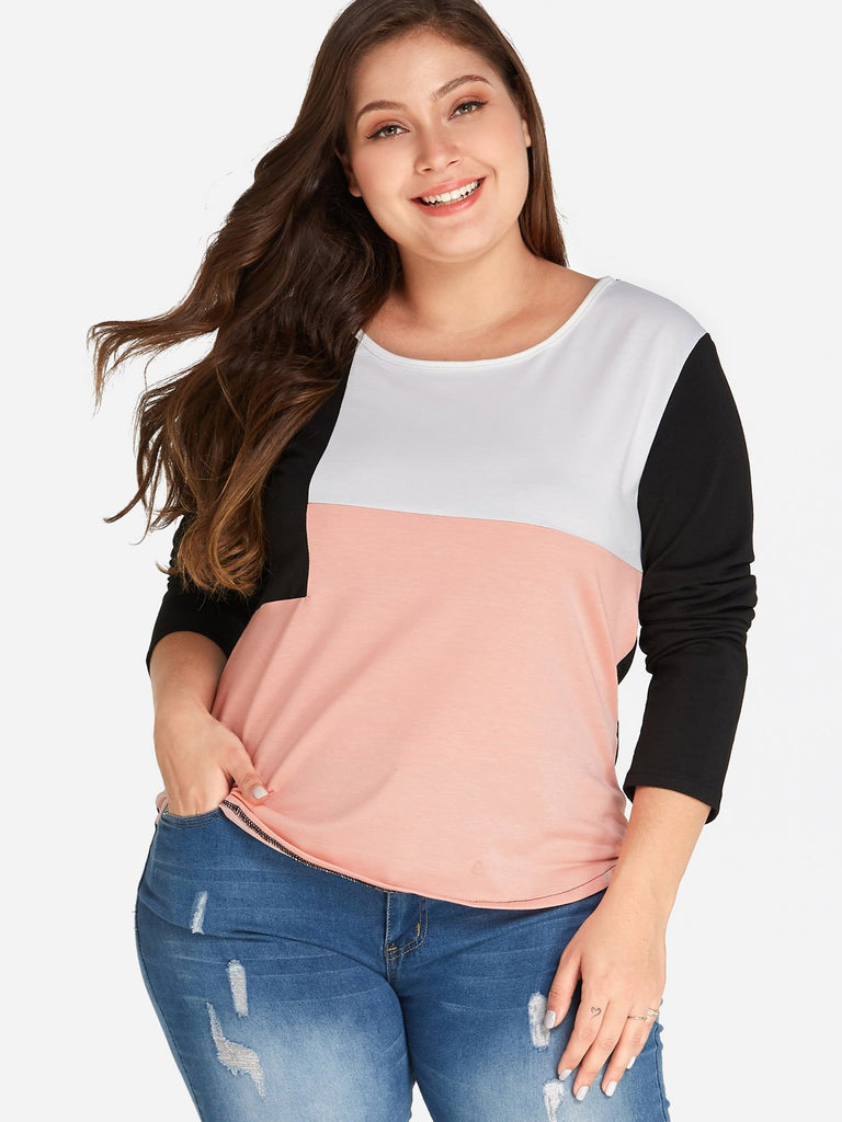 Round Neck Plain Long Sleeve High-Low Hem Plus Size Tops