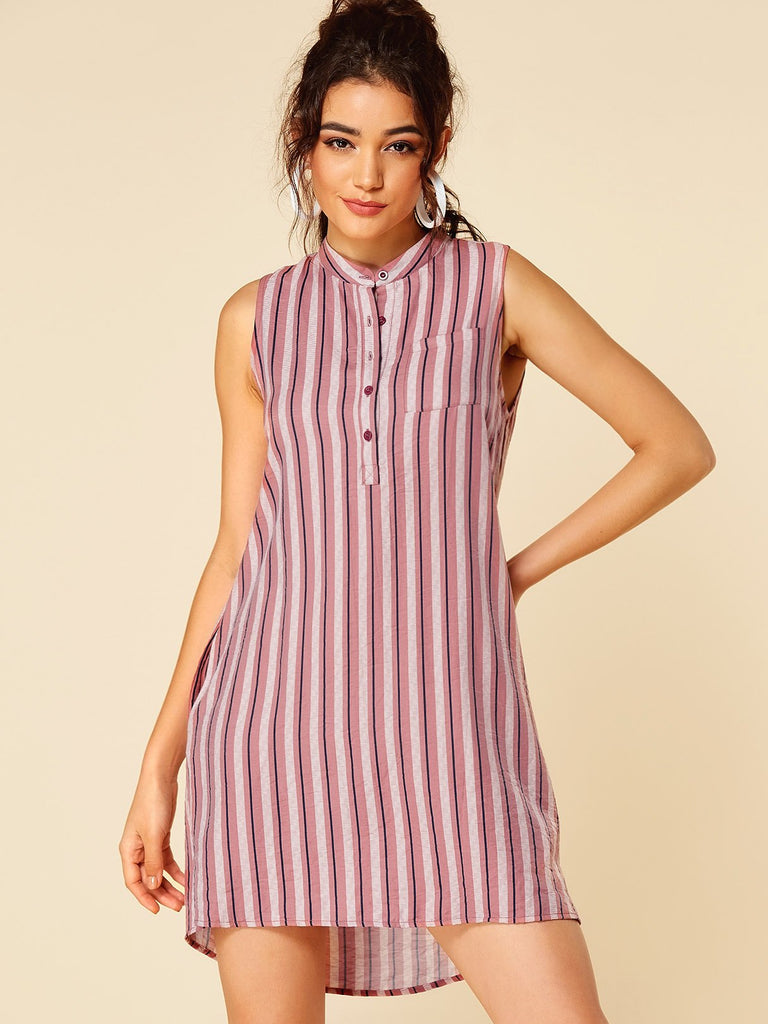 Pink Round Neck Sleeveless Stripe High-Low Hem Casual Dress