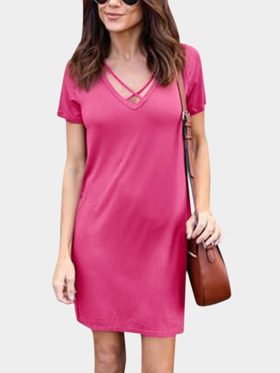 Rose V-Neck Short Sleeve Lace-Up Slit Hem Dress