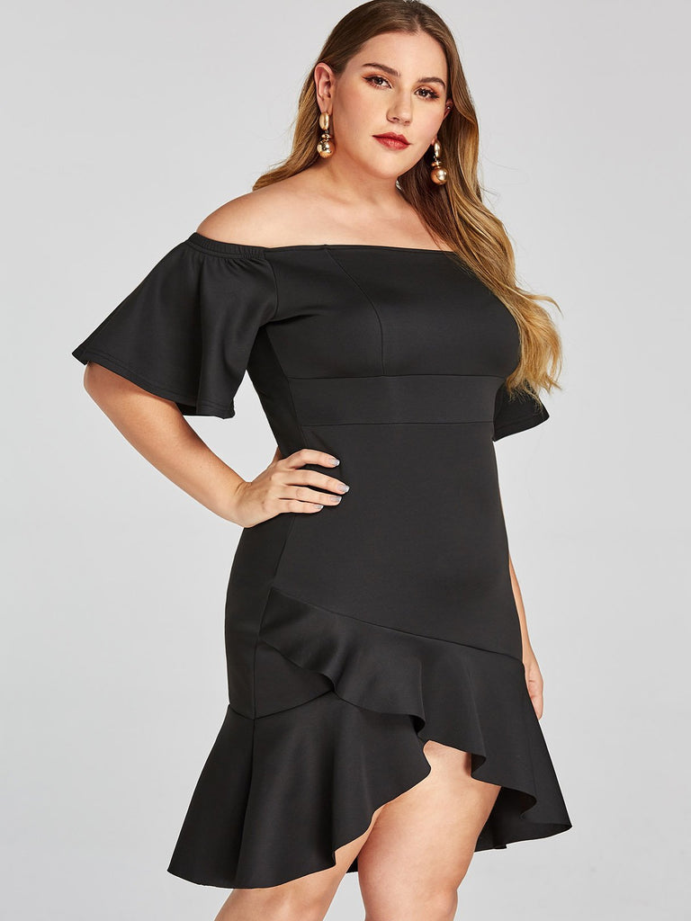 Off The Shoulder Pleated Criss-Cross Short Sleeve Ruffle Hem Plus Size Dress