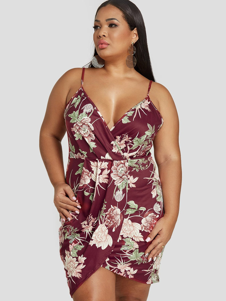 V-Neck Floral Print Pleated Spaghetti Strap Wrap Sleeveless Asymmetrical Hem Plus Size Dress