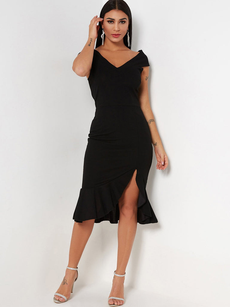 Black V-Neck Short Sleeve Slit Hem Dresses