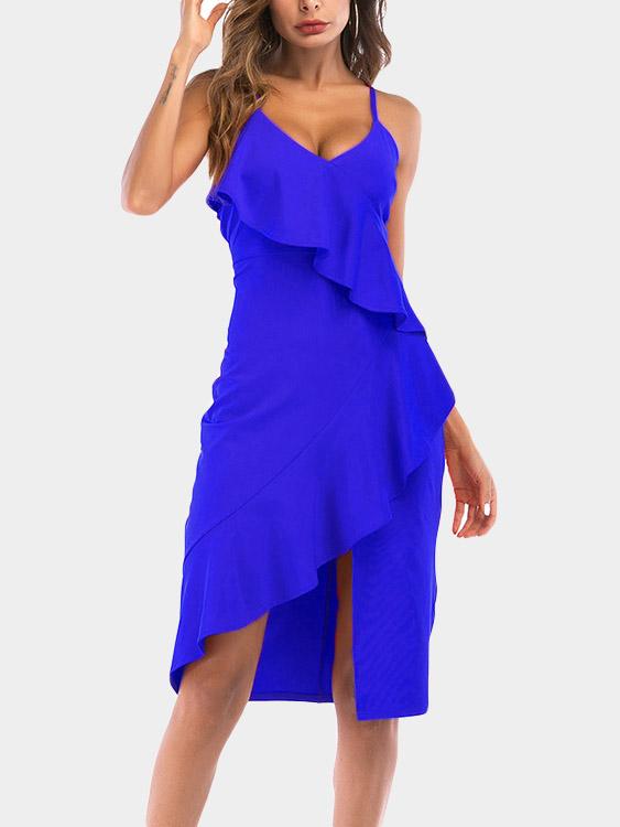 Blue V-Neck Sleeveless Plain Backless Spaghetti Strap Wrap Flounced Hem Dresses