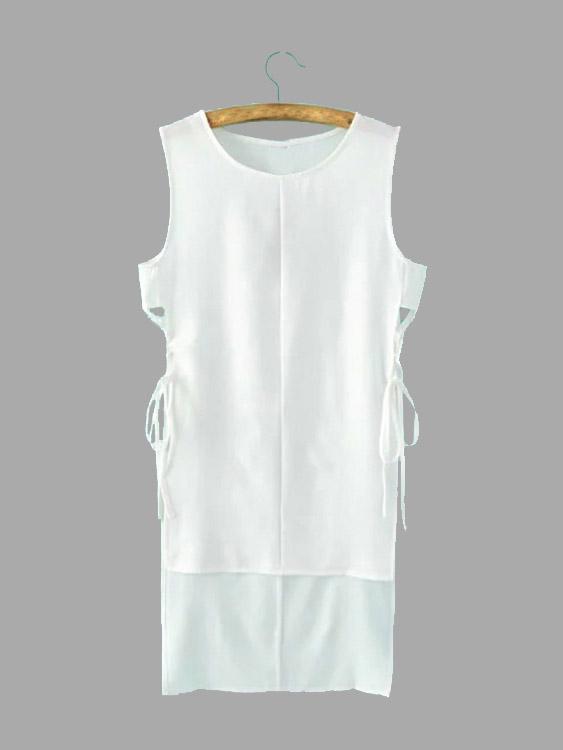 Round Neck Sleeveless Slit Hem White Tank Top