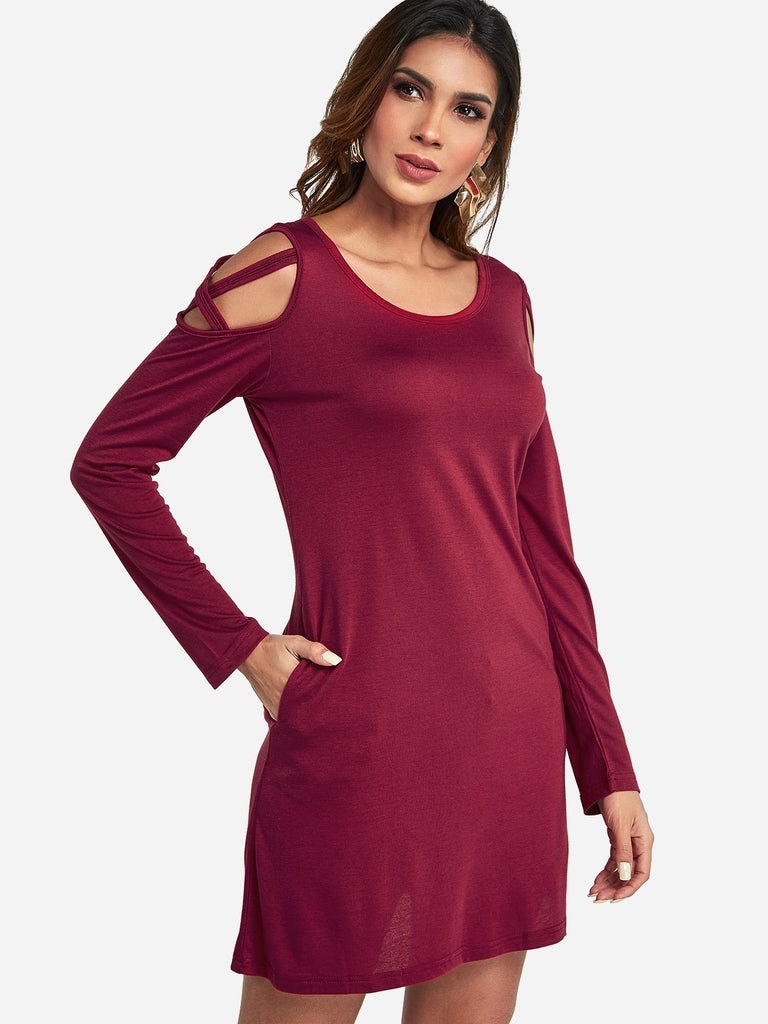 Round Neck Cold Shoulder Plain Side Pockets Lace-Up Long Sleeve Burgundy Casual Dresses