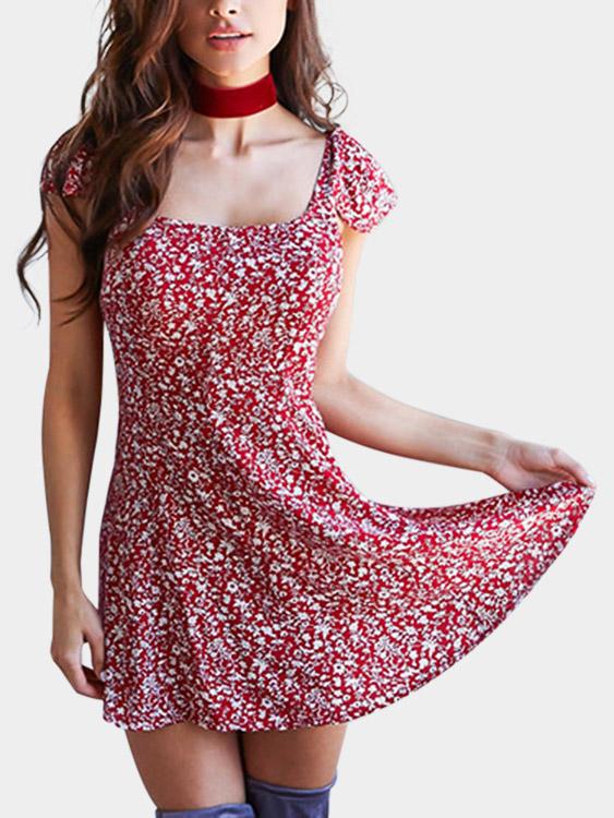 Burgundy Square Neck Short Sleeve Floral Print Backless Lace-Up Casual Dresses