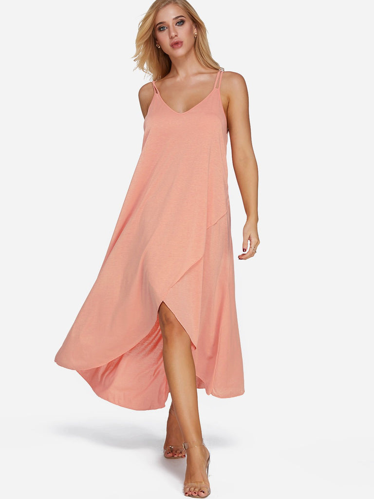 V-Neck Sleeveless Plain Backless Irregular Hem Beachwear Dresses