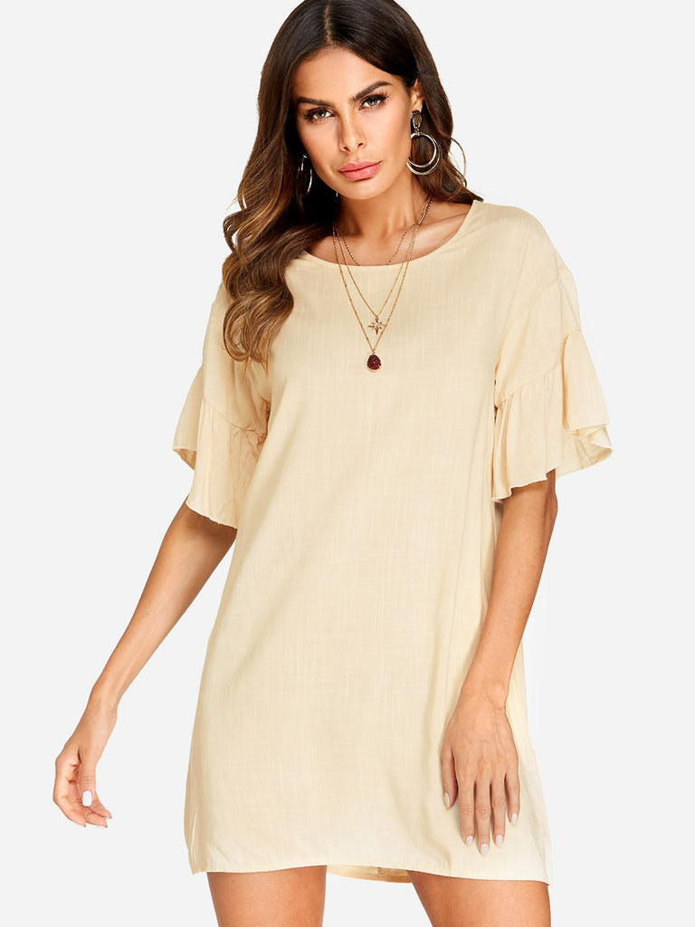 Khaki Round Neck Half Sleeve Zip Back Casual Dresses