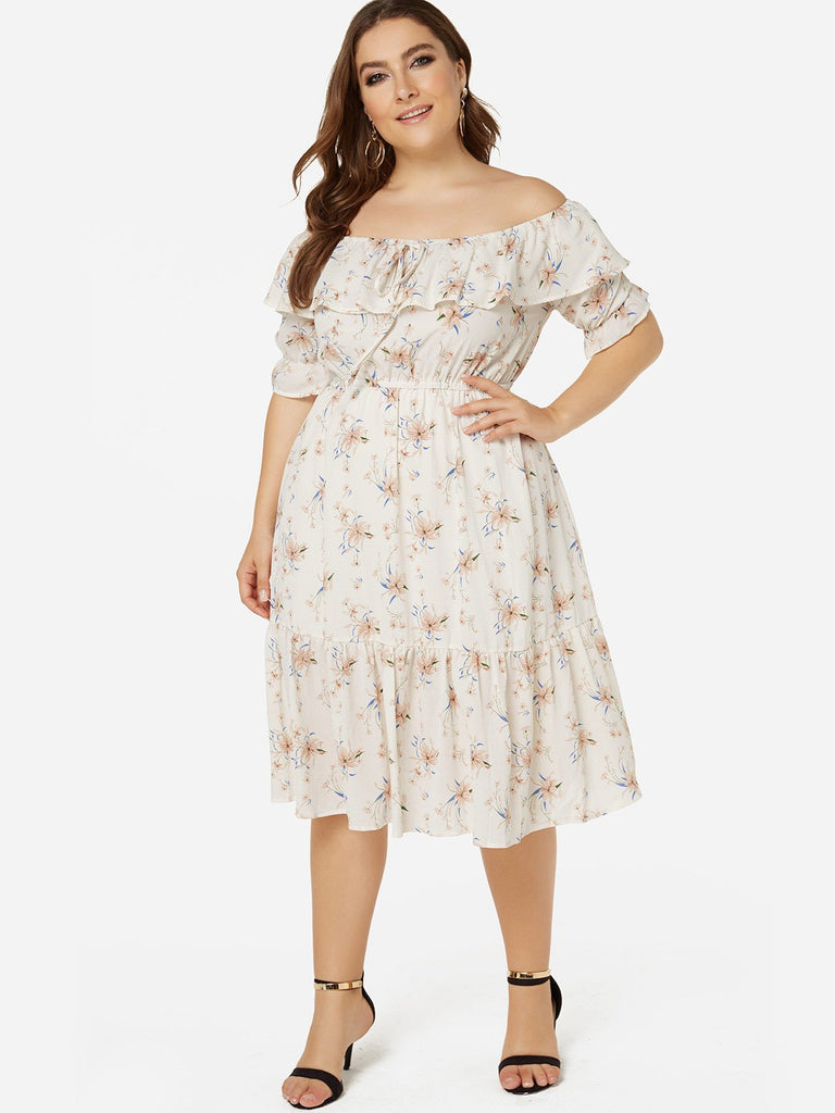 Off The Shoulder Floral Print Pleated Half Sleeve White Plus Size Dresses