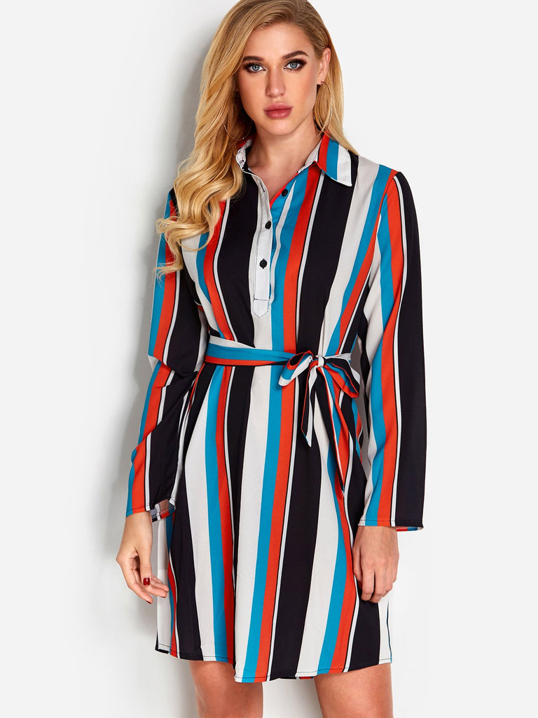 Lapel Collar Long Sleeve Stripe Self-Tie Curved Hem Casual Dress