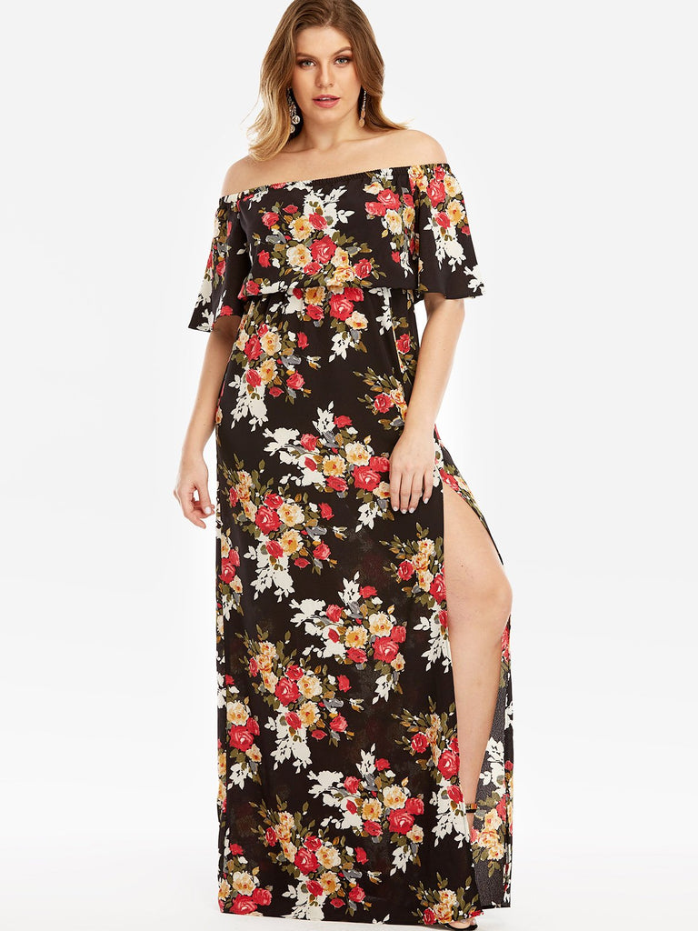 Off The Shoulder Floral Print Half Sleeve Slit Hem Black Plus Size Maxi Dress