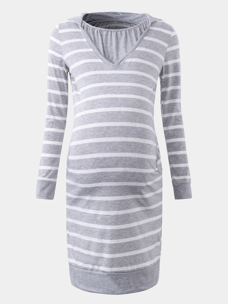 Grey Round Neck Long Sleeve Stripe Side Pockets Casual Dress