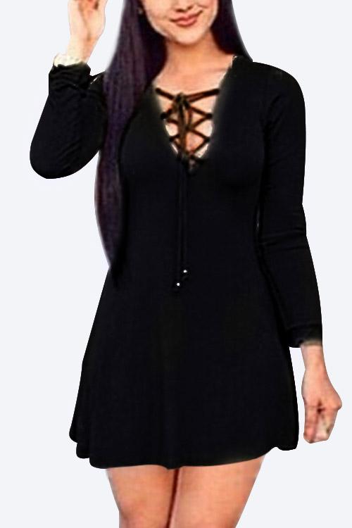 V-Neck Crossed Front Long Sleeve Black Dresses