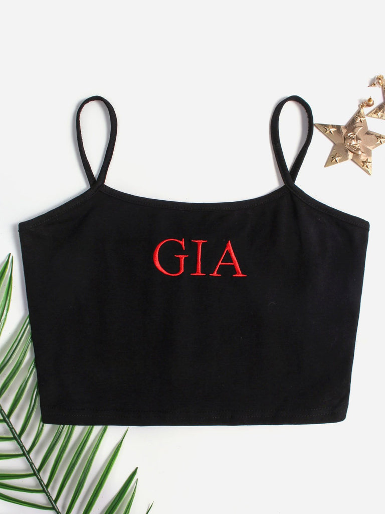 Square Neck Letter Embroidered Backless Spaghetti Strap Sleeveless Black Camis