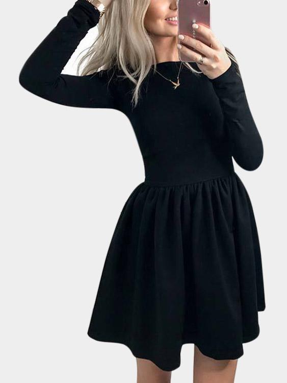 Black Round Neck Long Sleeve Pleated High-Waisted Sexy Dress