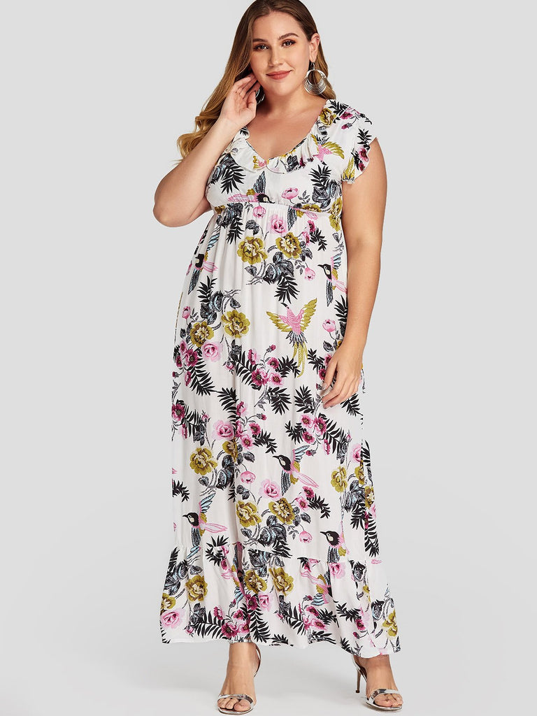 V-Neck Floral Print Ruffle Trim Short Sleeve Plus Size Dress