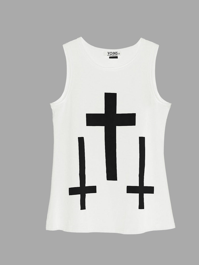 Round Neck Sleeveless Cross Print White Tank Top